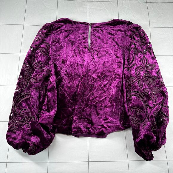 Anthropologie Top Womens Large Petite Purple Plum Velvet Cutout V Neck Bohemian - Picture 4 of 10
